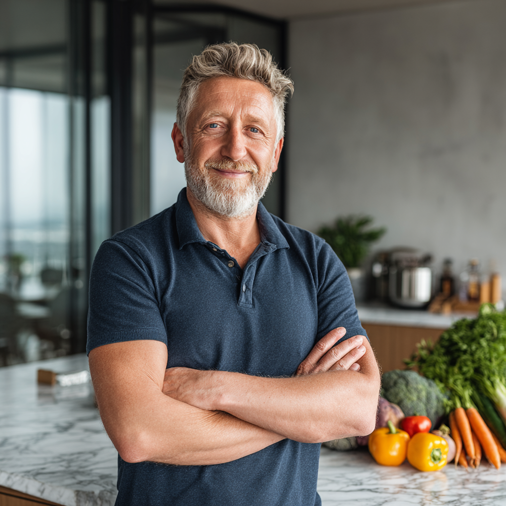 A confident man in his early 50s with gray temples and a warm smile, wearing a casual navy blue polo shirt, standing in a modern kitchen with his arms crossed. He appears healthy and energetic, with natural lighting from large windows behind him. Fresh vegetables and fruits are visible on the marble countertop, suggesting a commitment to healthy eating habits and wellness lifestyle.