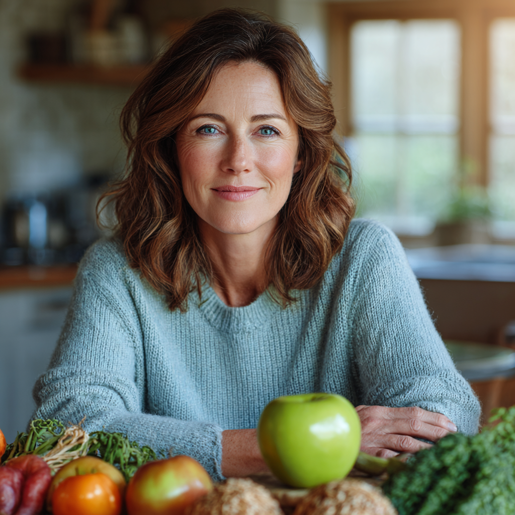 A healthy middle-aged woman in her late 40s with shoulder-length brown hair, wearing a light blue sweater, sitting at a kitchen table with a variety of fresh vegetables, fruits, and whole grains spread out before her. She has a gentle smile and is looking directly at the camera while holding a green apple. Natural lighting streams through a window, creating a warm and inviting atmosphere that represents healthy lifestyle choices and nutrition planning.